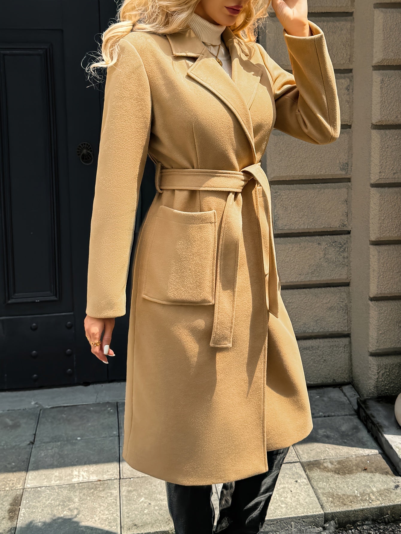 Belted Wool-Blend Long Coat – Lapel Wrap Camel Overcoat