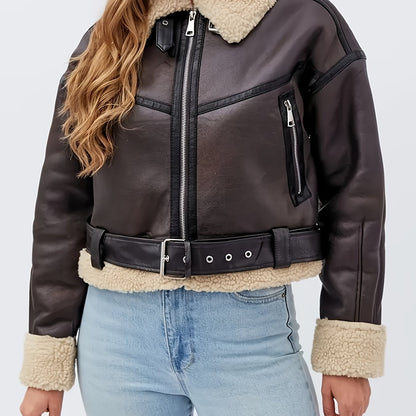 Faux Leather Shearling Moto Jacket – Cropped Belted Aviator
