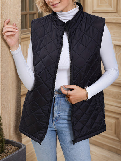 Diamond Quilted Longline Vest – Women's Sleeveless Zip Puffer Vest