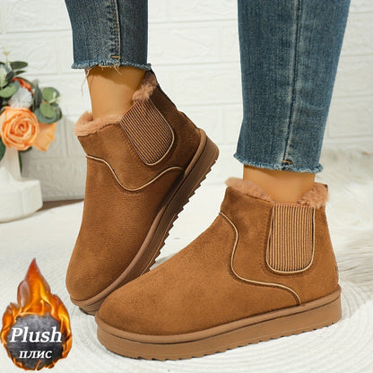 Faux Suede Fur-Lined Slip-On Ankle Boots – Plush Winter Booties
