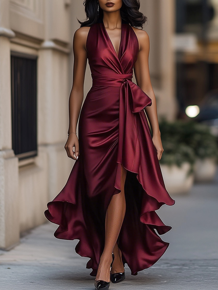 Women's Satin Halter Dress – High Low Ruffle Skirt Formal Evening Dress