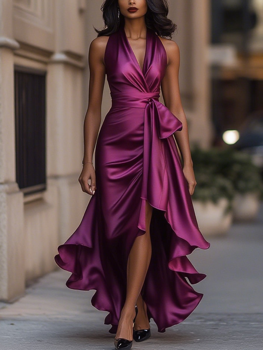 Women's Satin Halter Dress – High Low Ruffle Skirt Formal Evening Dress