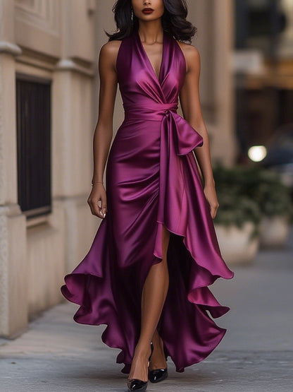 Women's Satin Halter Dress – High Low Ruffle Skirt Formal Evening Dress