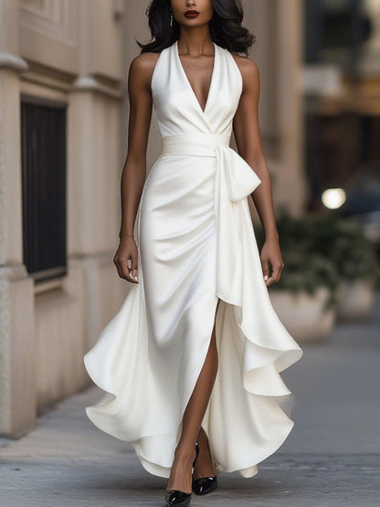 Women's Satin Halter Dress – High Low Ruffle Skirt Formal Evening Dress