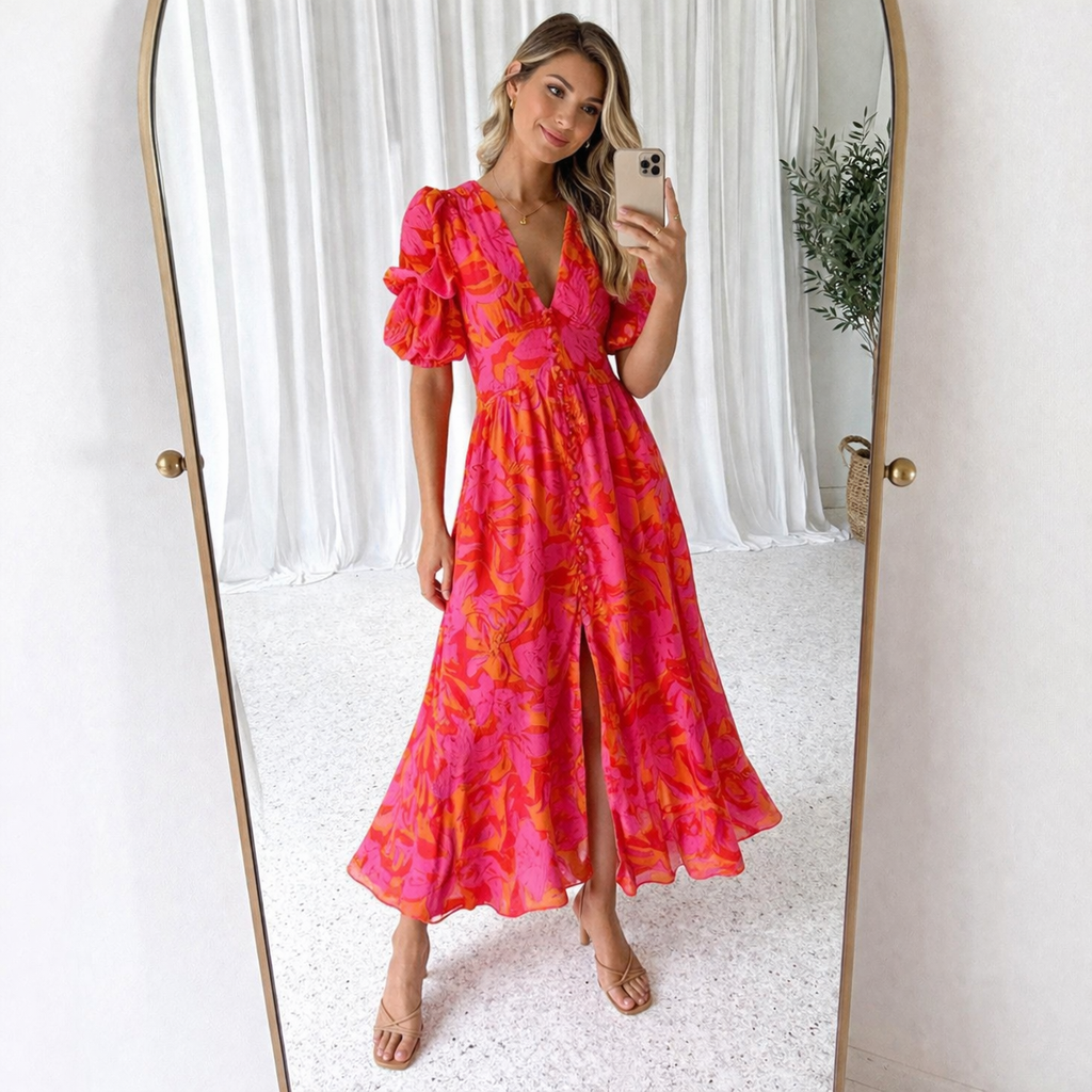 Floral Puff Sleeve Maxi Dress – V-Neck Button-Front Summer Dress