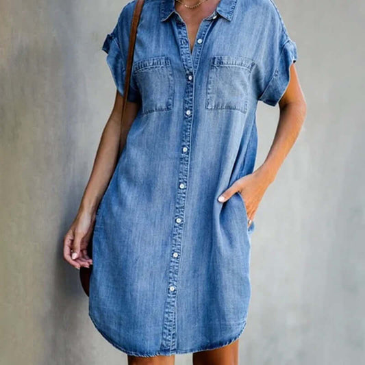 Denim Shirt Dress – Button-Down Short Sleeve Knee-Length