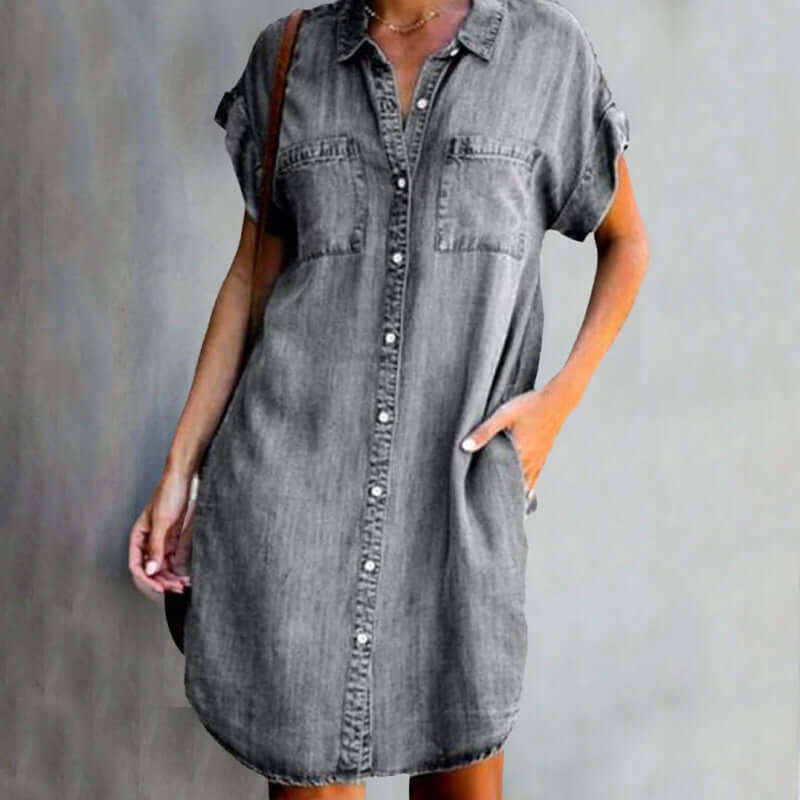 Denim Shirt Dress – Button-Down Short Sleeve Knee-Length