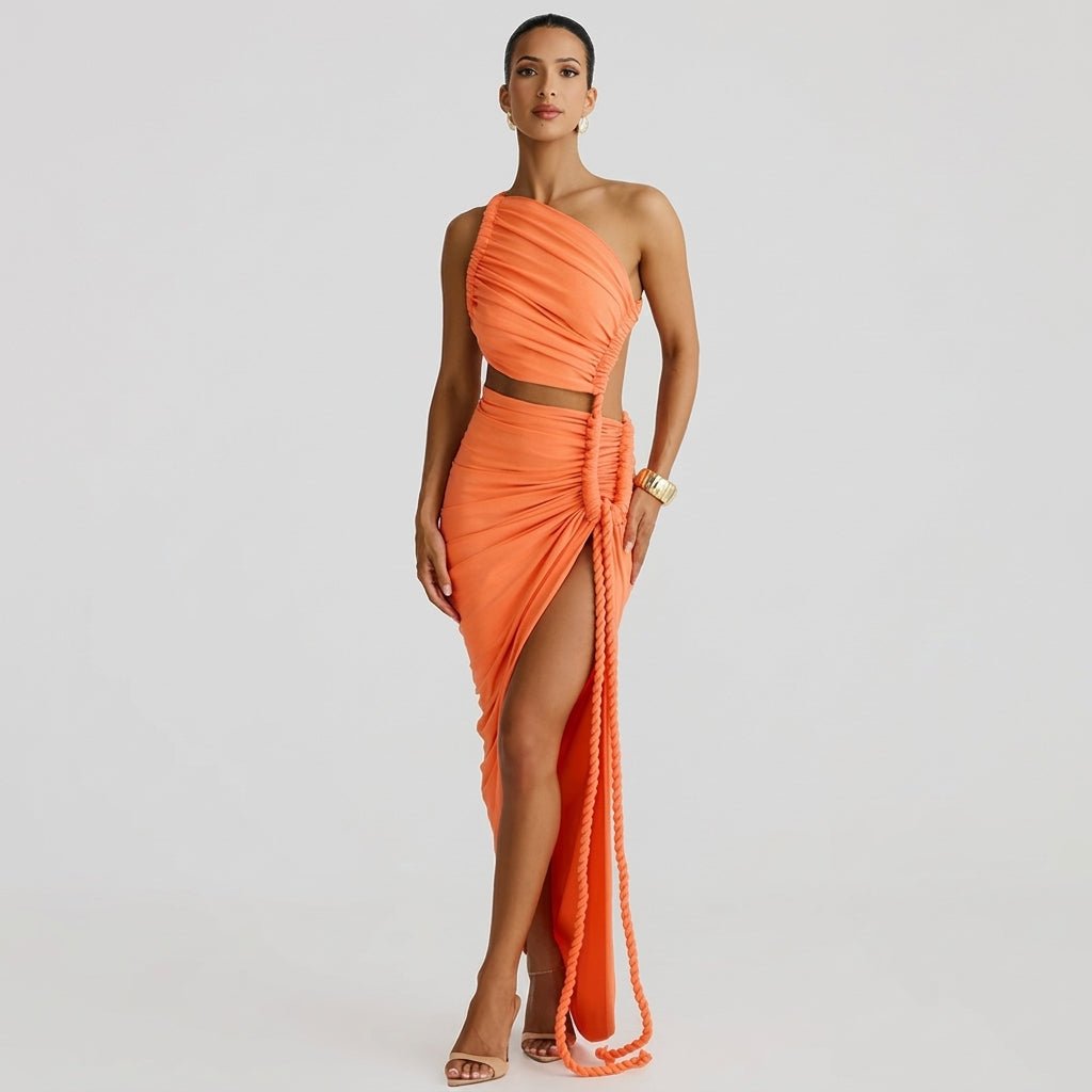 One Shoulder Ruched Maxi Dress – Cutout Waist Rope-Detail Jersey