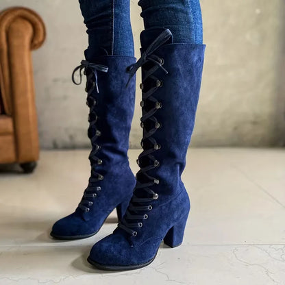Lace-Up Knee-High Boots – Faux Suede Block Heel Round Toe