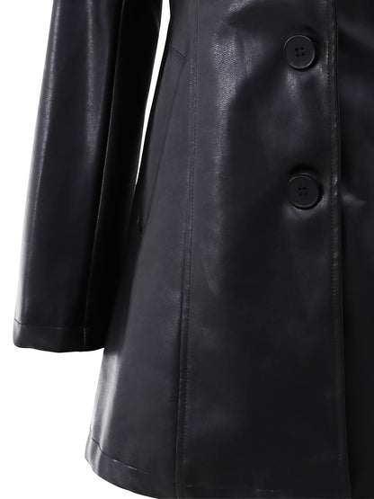 Black Faux Leather Trench Coat – Single-Breasted Mid-Length Slim Fit