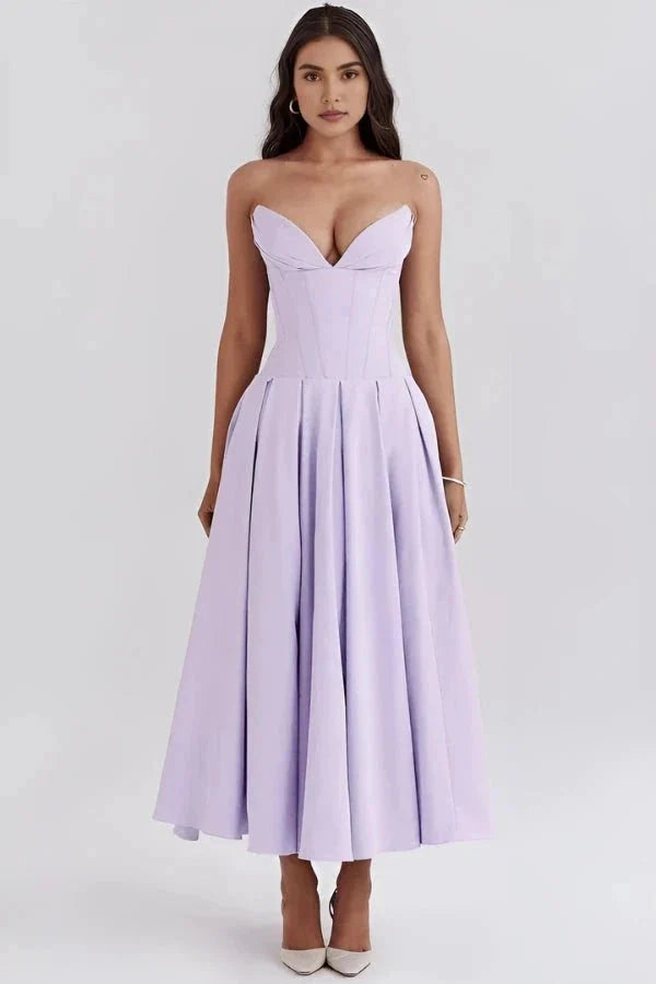 Women's Strapless Corset Midi Dress – Sweetheart Neckline A-Line Party Dress