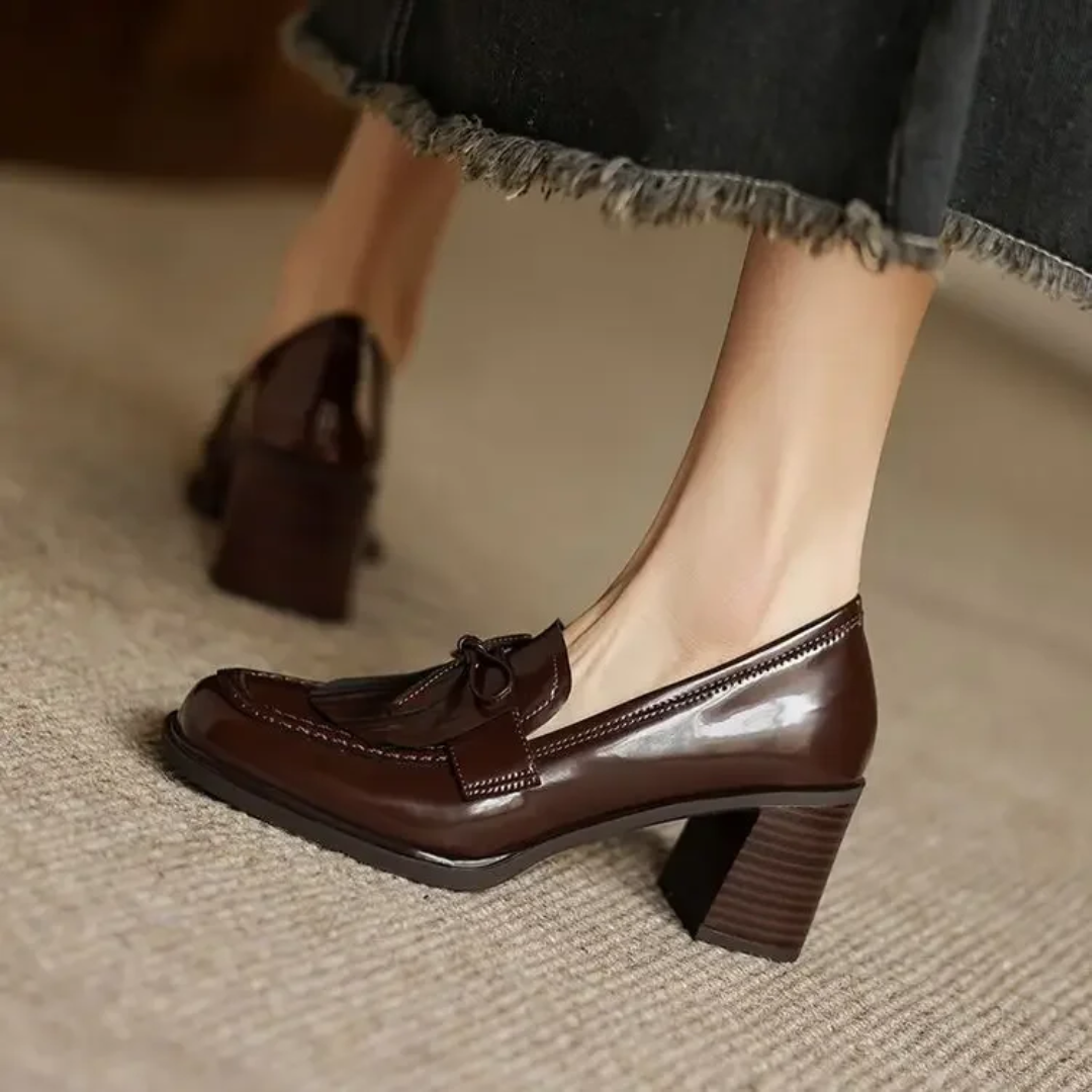 Patent Leather Tassel Loafer Pumps – Block Heel Round Toe