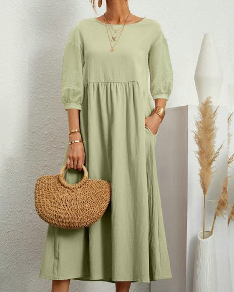 Smocked Waist Midi Dress – Puff Sleeve Round Neck A-Line