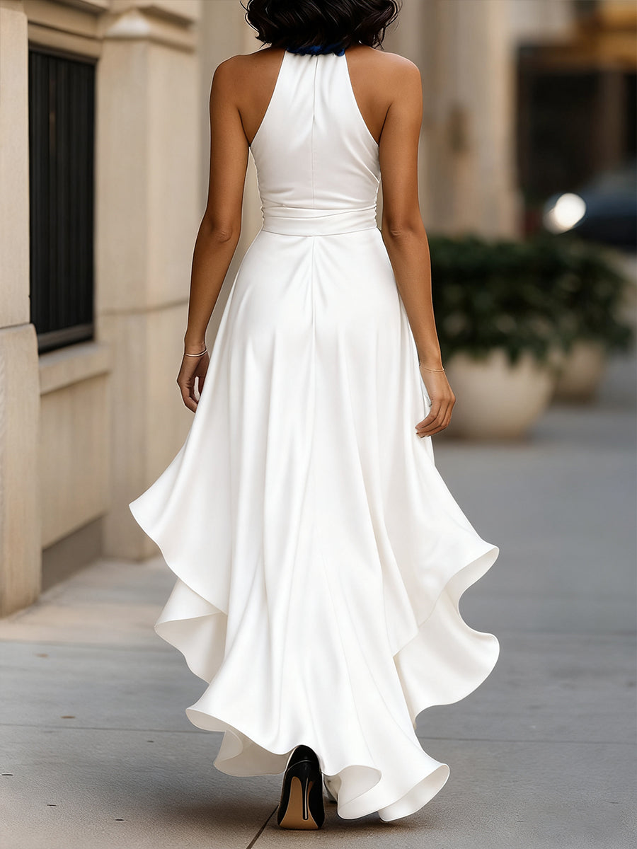 Women's Satin Halter Dress – High Low Ruffle Skirt Formal Evening Dress