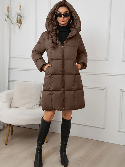Quilted Longline Puffer Coat – Hooded Zip-Up Winter Coat