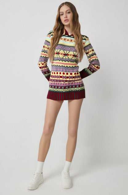 Fair Isle Knit Mini Sweater Dress – Long Sleeve Hooded Winter Dress