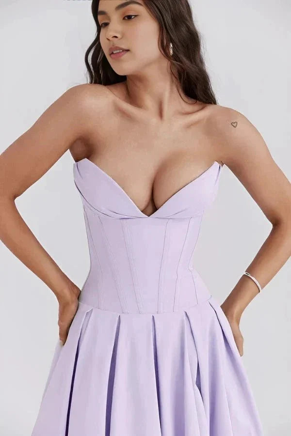 Women's Strapless Corset Midi Dress – Sweetheart Neckline A-Line Party Dress