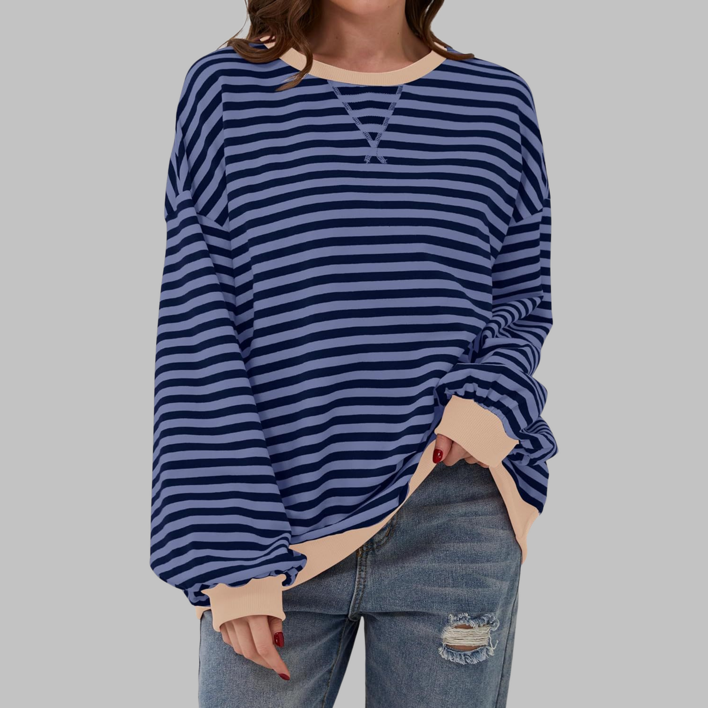 Striped Oversized Crewneck Sweatshirt – Colorblock Cuffs Relaxed Pullover