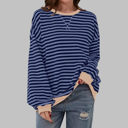 Striped Oversized Crewneck Sweatshirt – Colorblock Cuffs Relaxed Pullover