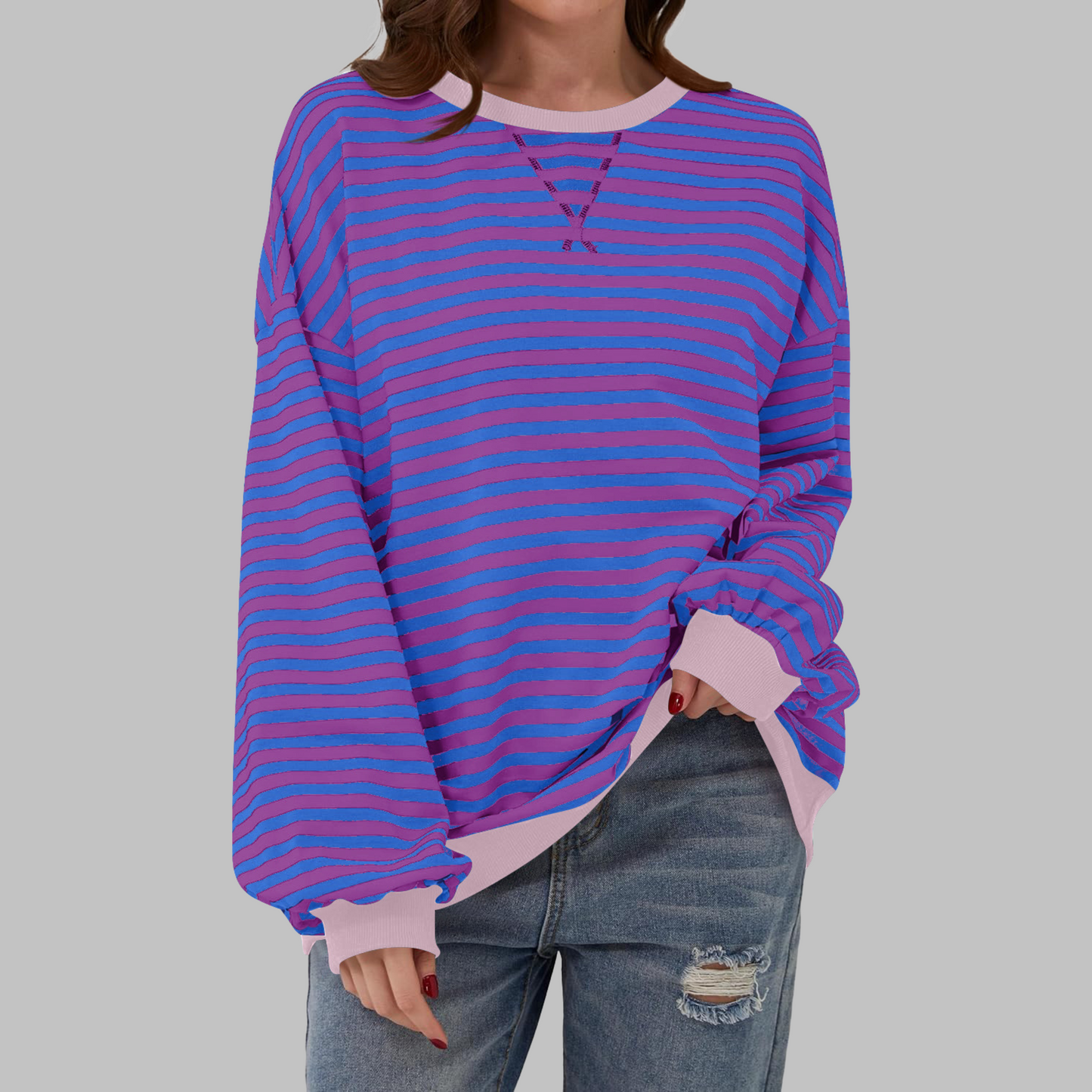 Striped Oversized Crewneck Sweatshirt – Colorblock Cuffs Relaxed Pullover
