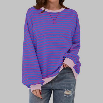 Striped Oversized Crewneck Sweatshirt – Colorblock Cuffs Relaxed Pullover