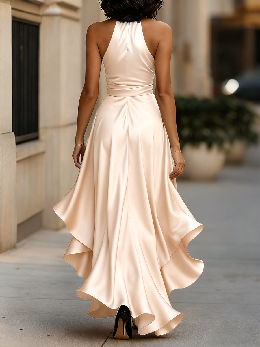 Women's Satin Halter Dress – High Low Ruffle Skirt Formal Evening Dress