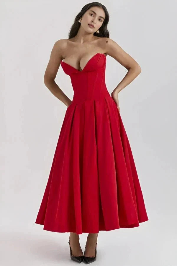Women's Strapless Corset Midi Dress – Sweetheart Neckline A-Line Party Dress