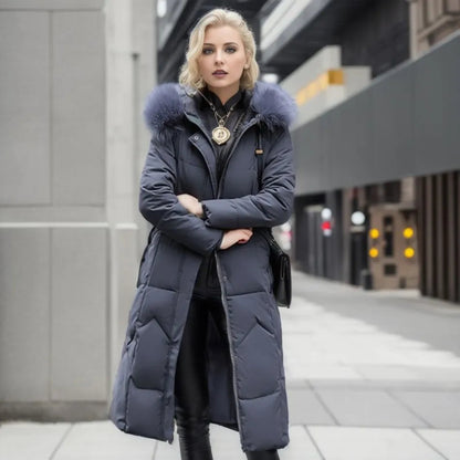 Long Quilted Puffer Coat with Fur Hood – Women's Maxi Winter Coat