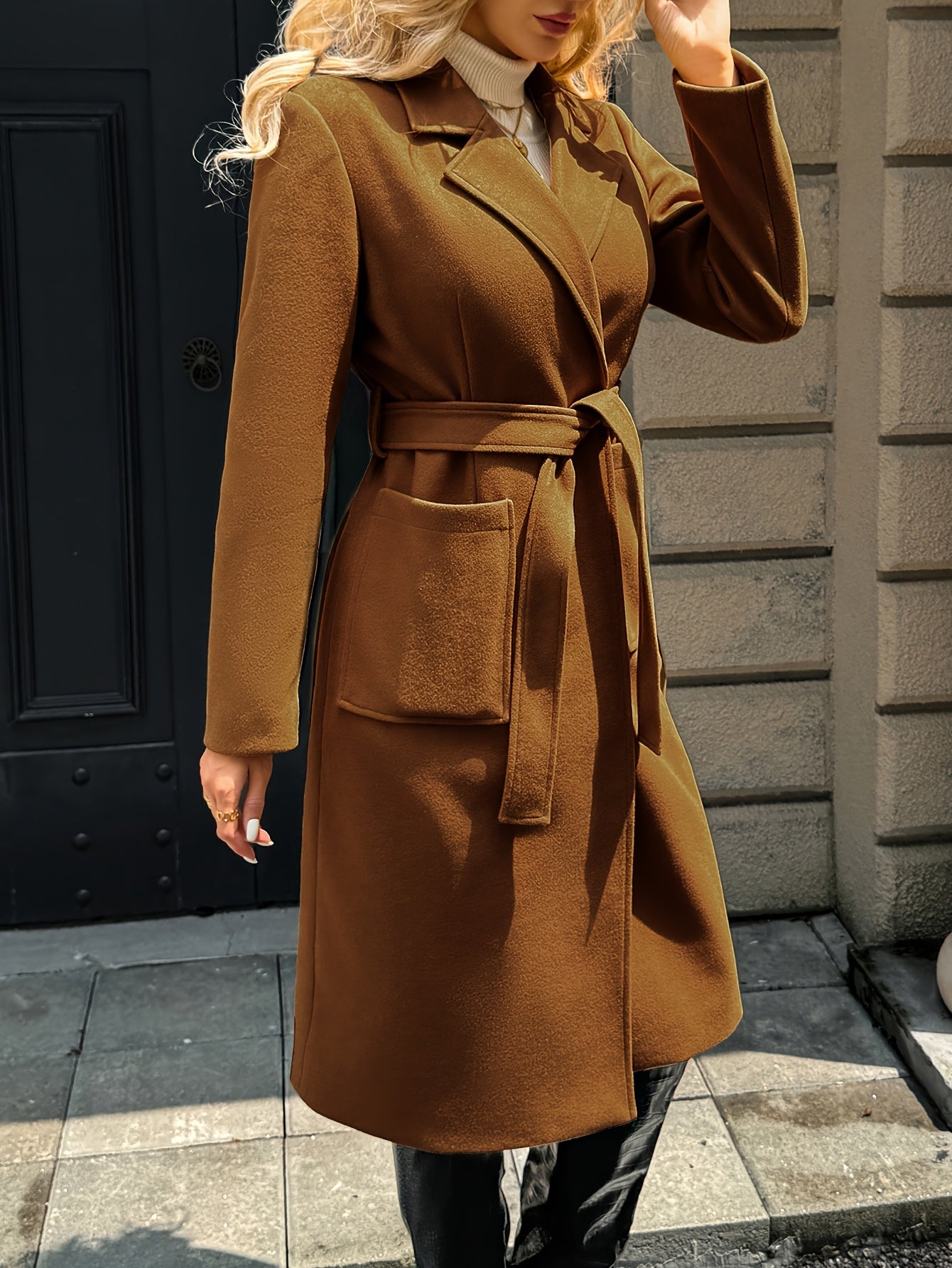 Belted Wool-Blend Long Coat – Lapel Wrap Camel Overcoat