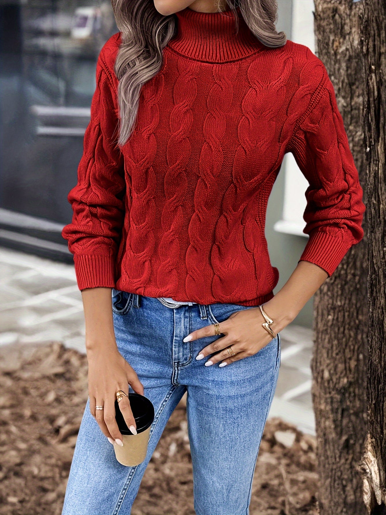 Cable Knit Turtleneck Sweater – Women's Long Sleeve Pullover