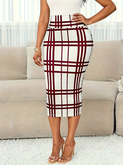 High-Waist Plaid Pencil Skirt – Bodycon Midi Work Skirt