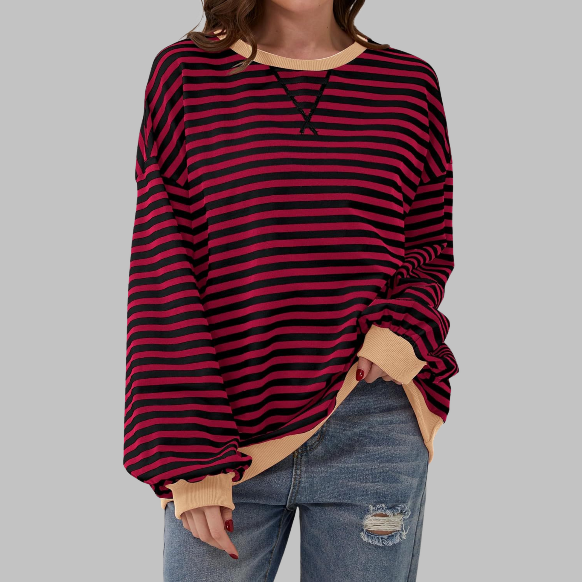 Striped Oversized Crewneck Sweatshirt – Colorblock Cuffs Relaxed Pullover