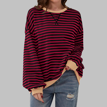 Striped Oversized Crewneck Sweatshirt – Colorblock Cuffs Relaxed Pullover
