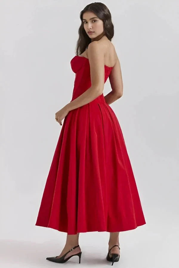 Women's Strapless Corset Midi Dress – Sweetheart Neckline A-Line Party Dress