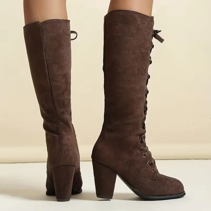 Lace-Up Knee-High Boots – Faux Suede Block Heel Round Toe