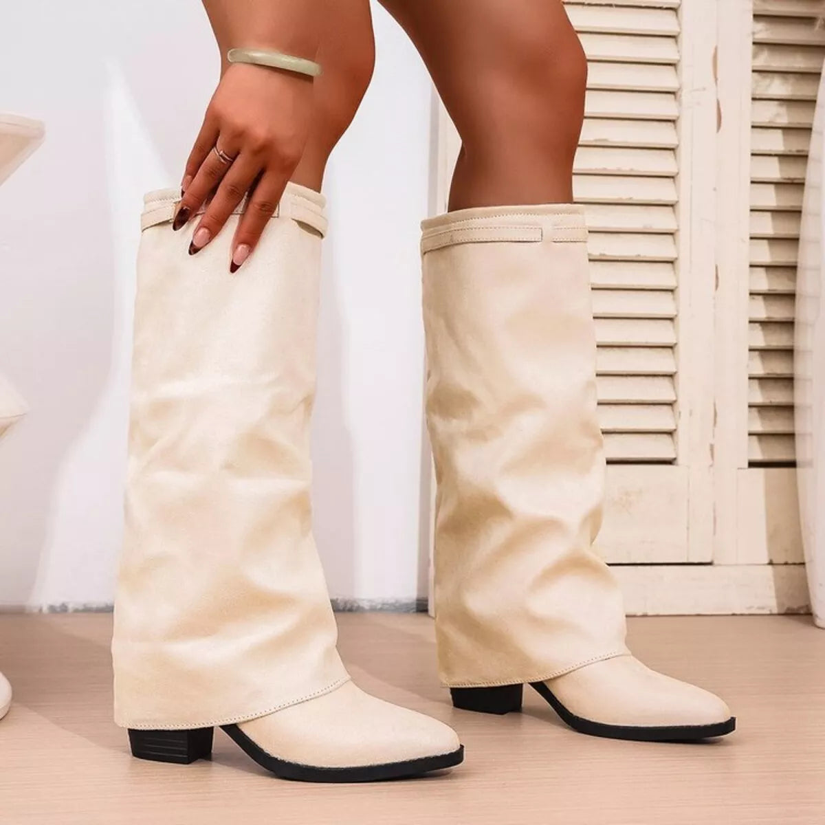Slouchy Knee High Boots – Pointed Toe Block Heel Fold-Over