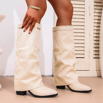 Slouchy Knee High Boots – Pointed Toe Block Heel Fold-Over