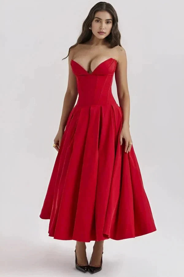 Women's Strapless Corset Midi Dress – Sweetheart Neckline A-Line Party Dress