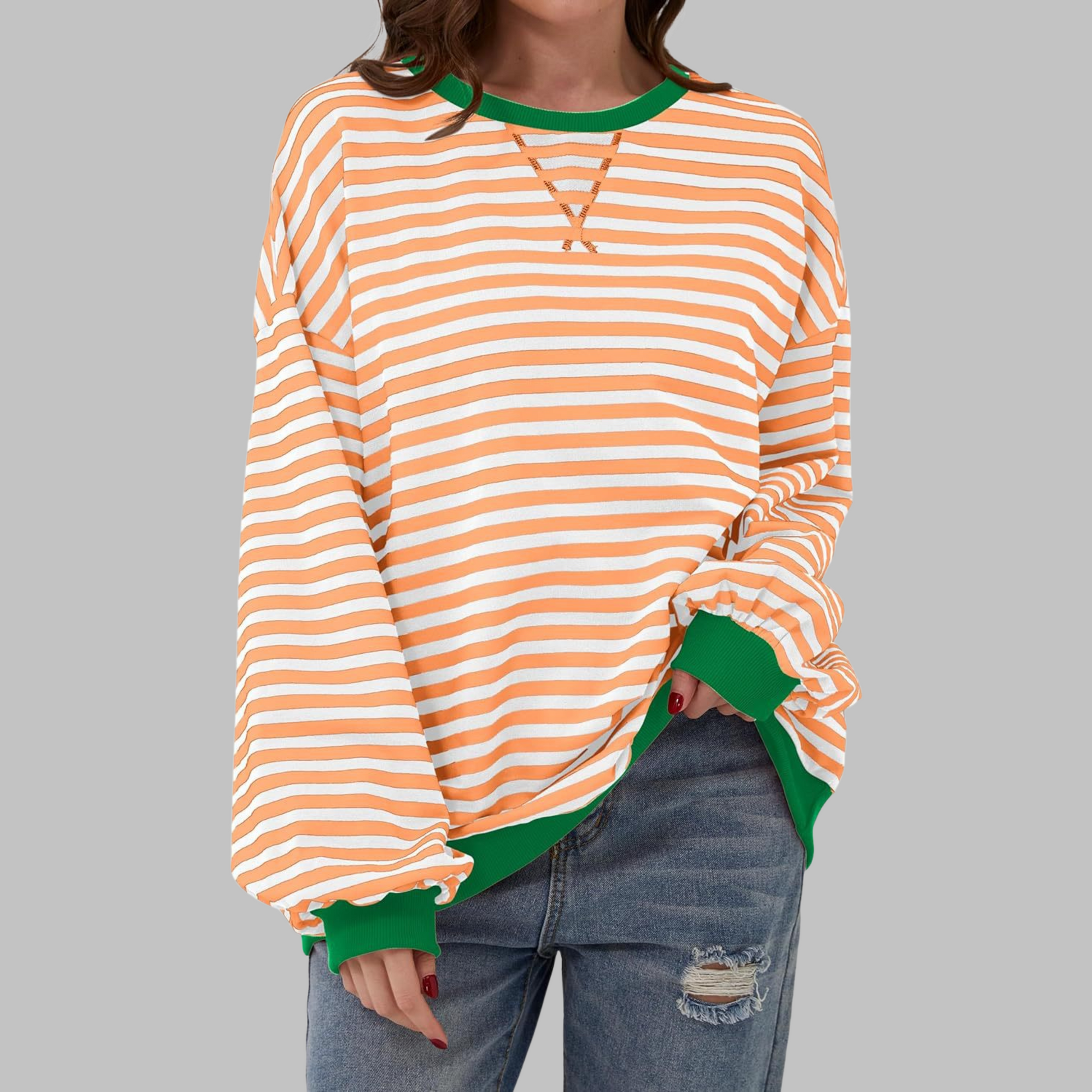 Striped Oversized Crewneck Sweatshirt – Colorblock Cuffs Relaxed Pullover