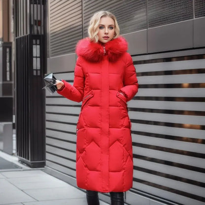 Long Quilted Puffer Coat with Fur Hood – Women's Maxi Winter Coat