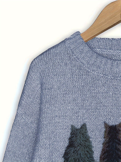 Cat Print Knit Pullover Sweater – Crewneck Relaxed Fit Long Sleeve