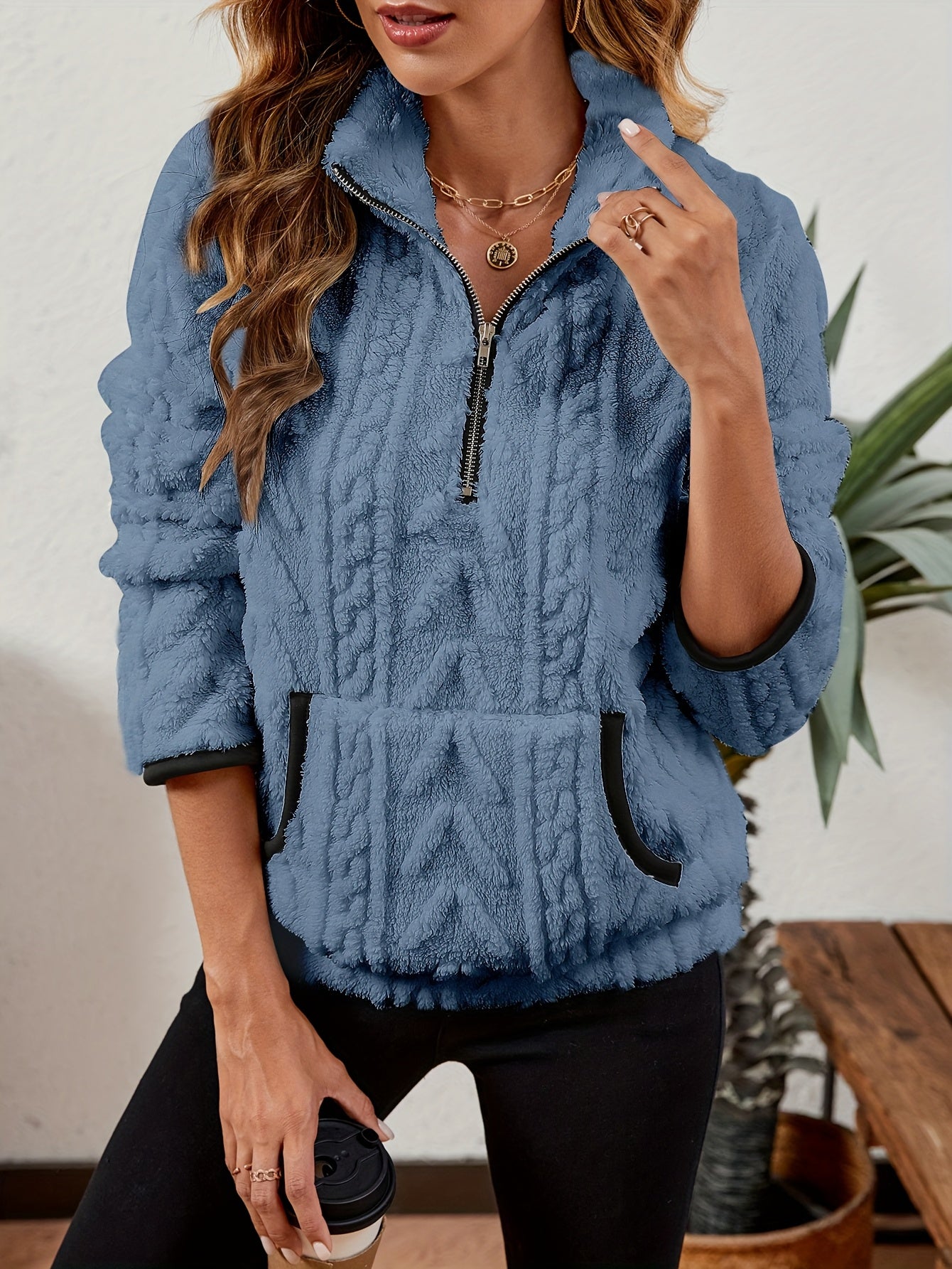 Sherpa Fleece Half-Zip Pullover – Textured Long Sleeve with Kangaroo Pocket
