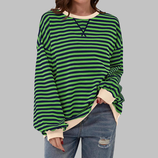 Striped Oversized Crewneck Sweatshirt – Colorblock Cuffs Relaxed Pullover