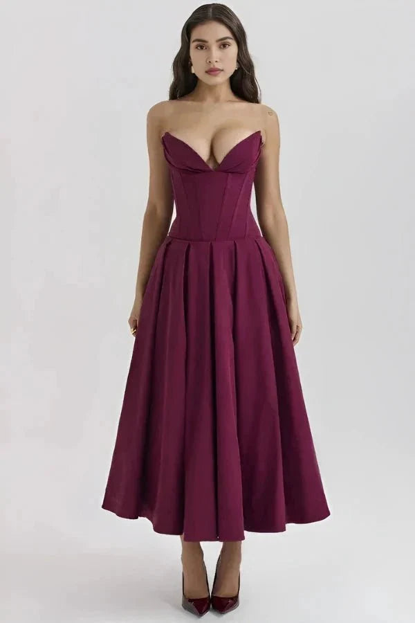 Women's Strapless Corset Midi Dress – Sweetheart Neckline A-Line Party Dress