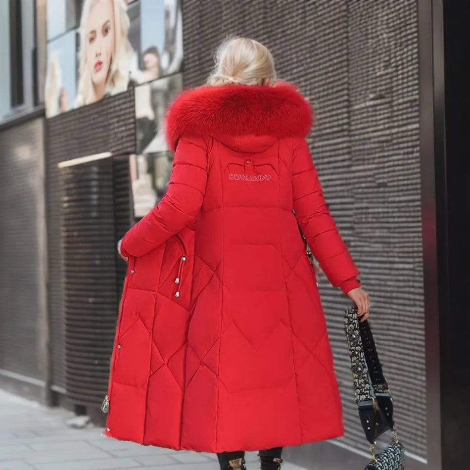 Long Quilted Puffer Coat with Fur Hood – Women's Maxi Winter Coat