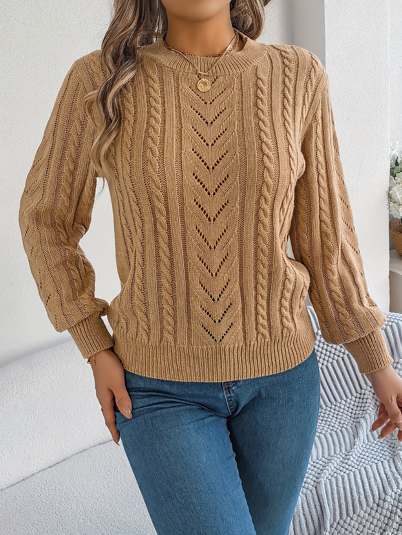 Cable Knit Openwork Pullover Sweater – Crewneck Long Sleeve Relaxed Fit