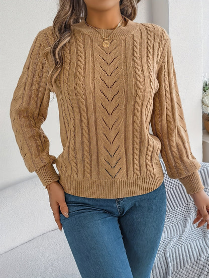 Cable Knit Openwork Pullover Sweater – Crewneck Long Sleeve Relaxed Fit