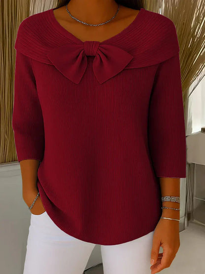 Bow Front Ribbed Knit Top – Women's 3/4 Sleeve Round Neck Pullover