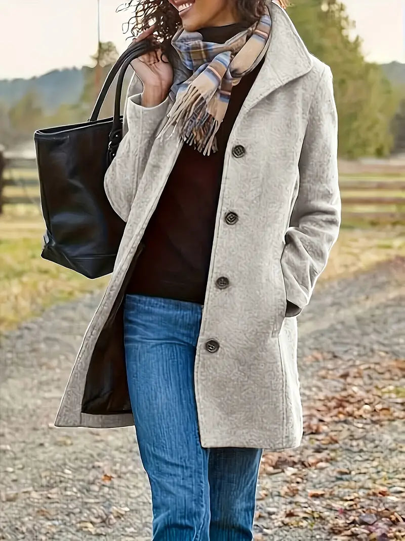 Women's Wool Blend Pea Coat – Mid-Length Lapel Button-Front