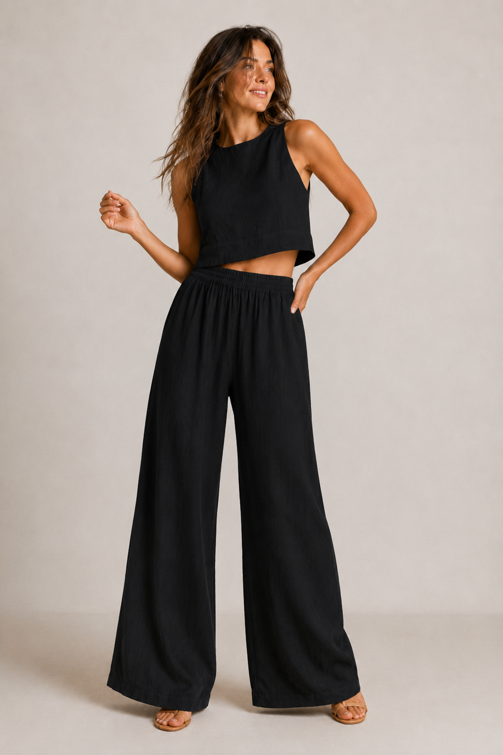 Linen Two Piece Set – Sleeveless Crop Top Wide Leg Pants